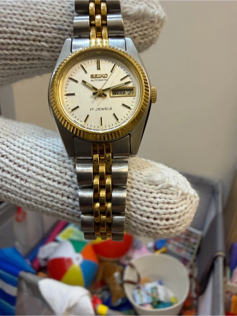 Vtg Seiko 4206-0519 Ladies Automatic Watch Two Tone Jubilee Day Date 17J Run